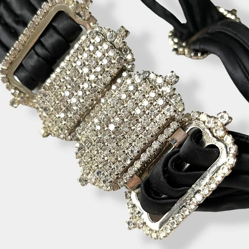 William deLillo Vintage 70s Satin Rhinestone Belt Statement Designer Couture